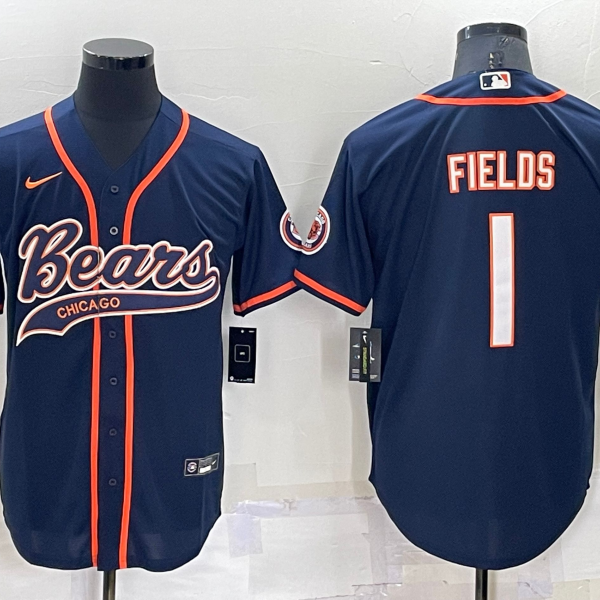 Men’s Chicago Bears #1 Justin Fields Navy Blue Stitched MLB Cool Base Nike Baseball Jersey