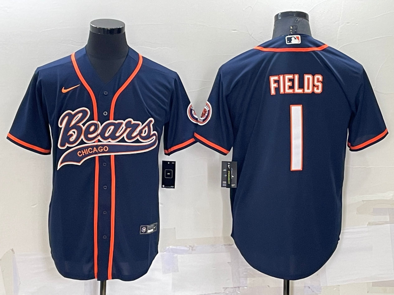 Men’s Chicago Bears #1 Justin Fields Navy Blue Stitched MLB Cool Base Nike Baseball Jersey