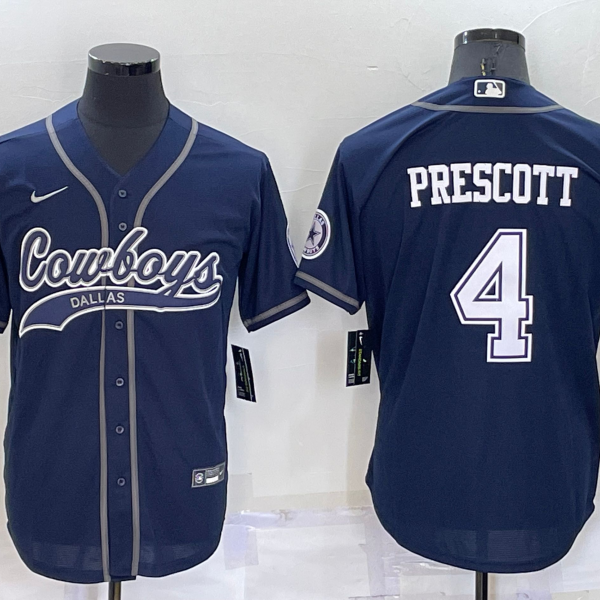 Men’s Dallas Cowboys #4 Dak Prescott Navy Blue Stitched Cool Base Nike Baseball Jersey