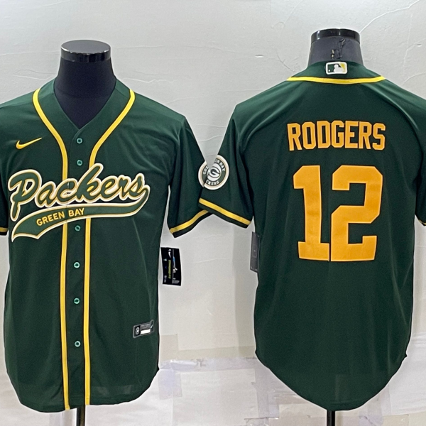 Men’s Green Bay Packers #12 Aaron Rodgers Green Yellow Stitched MLB Cool Base Nike Baseball Jersey