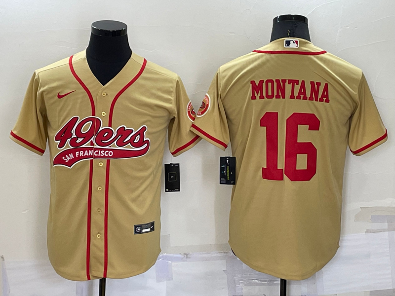 Men’s San Francisco 49ers #16 Joe Montana Gold Stitched Cool Base Nike Baseball Jersey