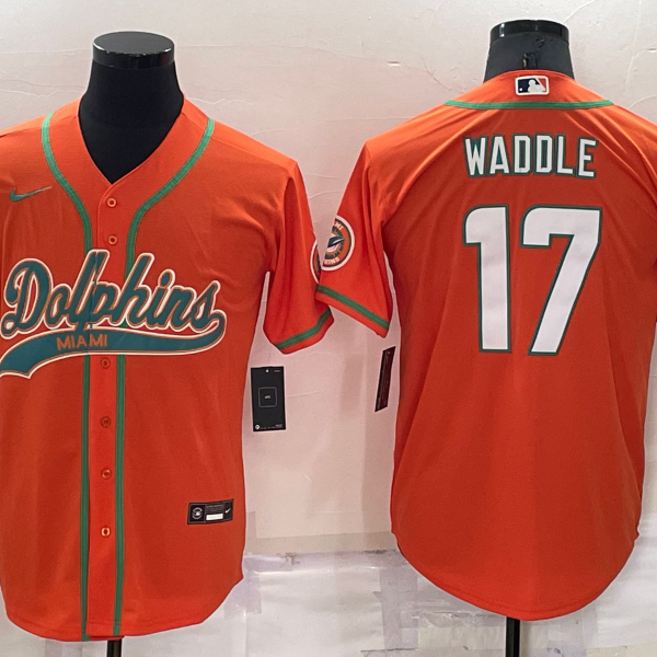 Men’s Miami Dolphins #17 Jaylen Waddle Orange Stitched Cool Base Nike Baseball Jersey