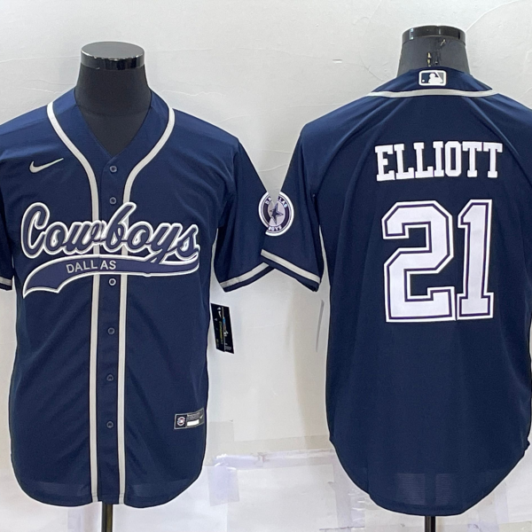 Men’s Dallas Cowboys #21 Ezekiel Elliott Navy Blue Stitched Cool Base Nike Baseball Jersey