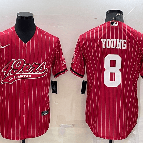 Men’s San Francisco 49ers #8 Steve Young Red Pinstripe With Patch Cool Base Stitched Baseball Jersey