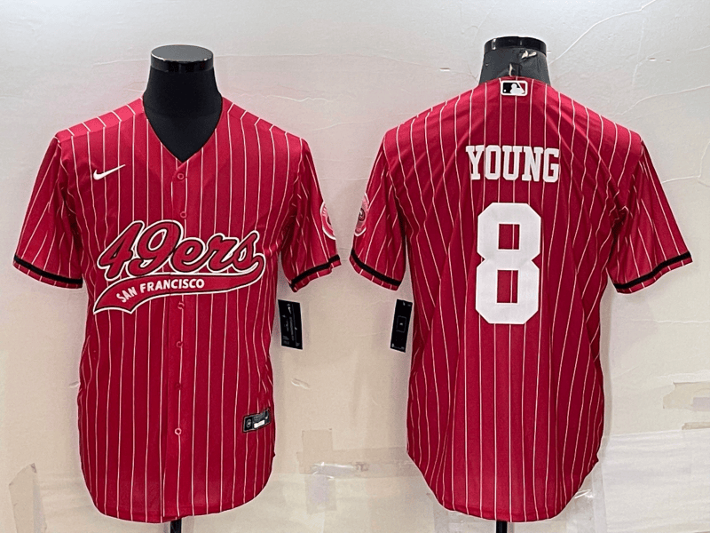 Men’s San Francisco 49ers #8 Steve Young Red Pinstripe With Patch Cool Base Stitched Baseball Jersey