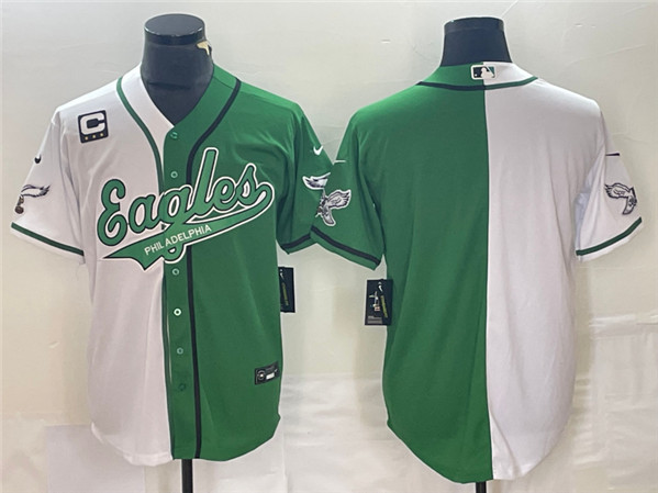 Men’s Philadelphia Eagles Blank Green White Split With 3-star C Patch Cool Base Stitched Baseball Jersey