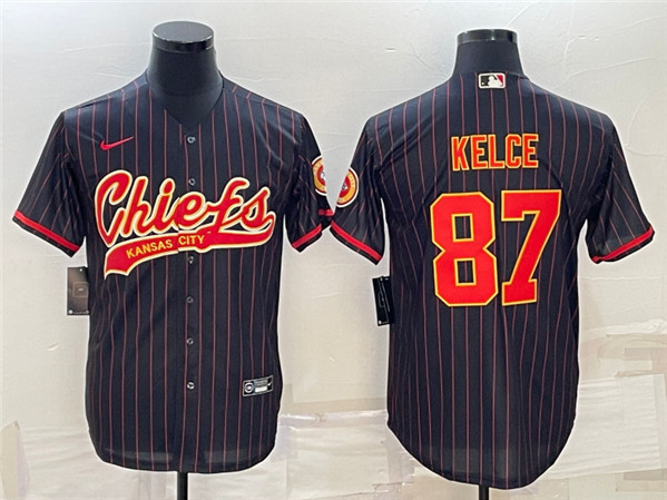 Men’s Kansas City Chiefs #87 Travis Kelce Black With Patch Cool Base Stitched Baseball Jersey