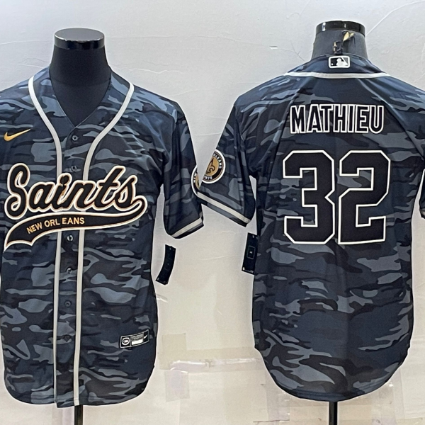 Men’s New Orleans Saints #32 Tyrann Mathieu Grey Camo With Patch Cool Base Stitched Baseball Jersey