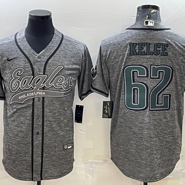 Men’s Philadelphia Eagles #62 Jason Kelce Grey Gridiron Patch Cool Base Stitched Baseball Jersey