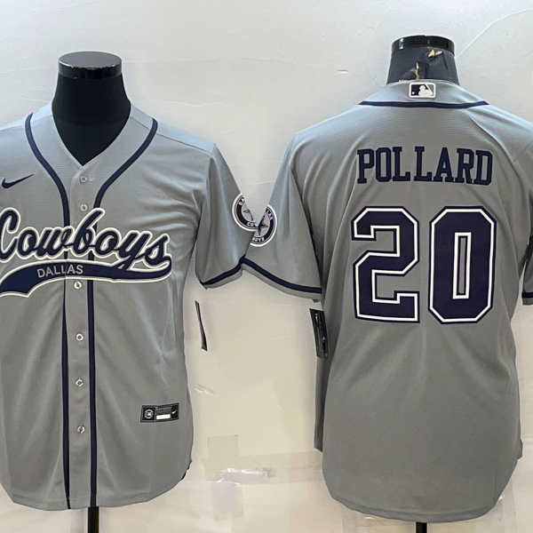 Men’s Dallas Cowboys #20 Tony Pollard Grey With Patch Cool Base Stitched Baseball Jersey