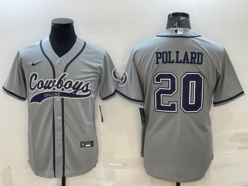 Men’s Dallas Cowboys #20 Tony Pollard Grey With Patch Cool Base Stitched Baseball Jersey