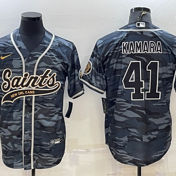 Men’s New Orleans Saints #41 Alvin Kamara Grey Camo With Patch Cool Base Stitched Baseball Jersey