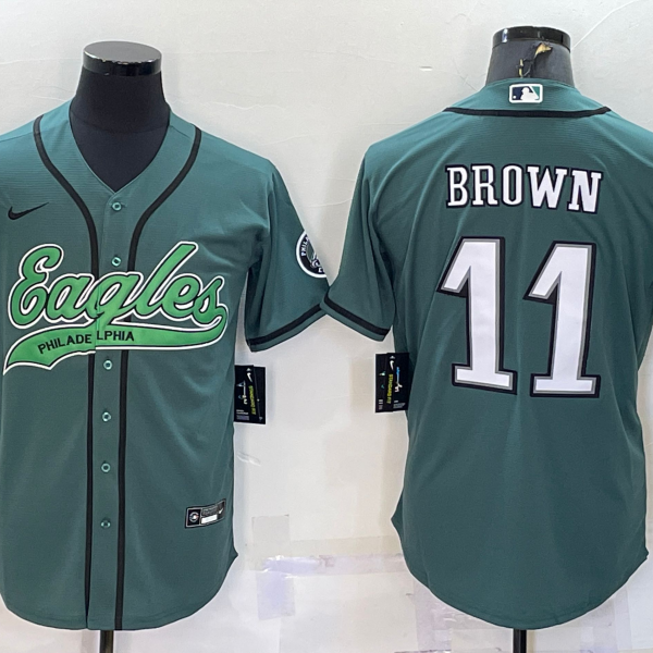 Men’s Philadelphia Eagles #11 AJ Brown Green With Patch Cool Base Stitched Baseball Jersey