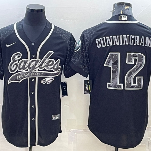 Men’s Philadelphia Eagles #12 Randall Cunningham Black Reflective With Patch Cool Base Stitched Baseball Jersey