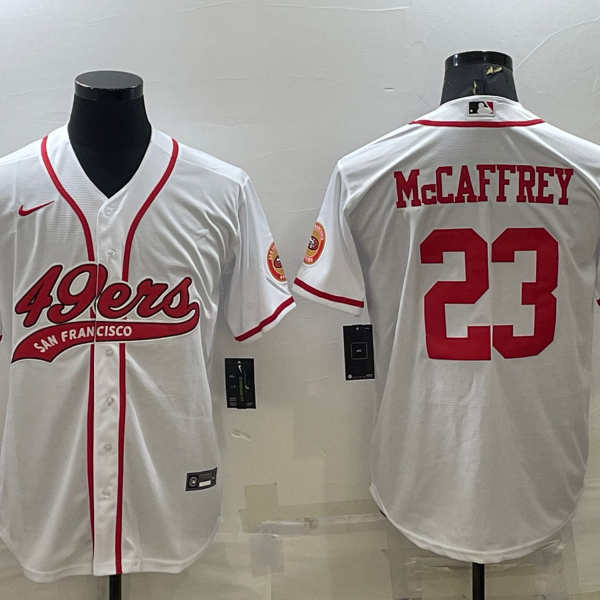 Men’s San Francisco 49ers #23 Christian McCaffrey White With Patch Cool Base Stitched Baseball Jersey