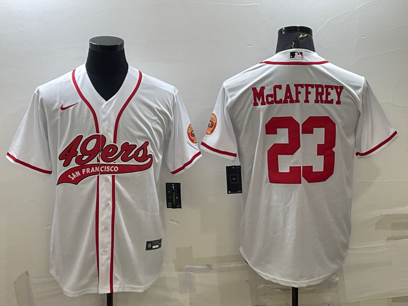 Men’s San Francisco 49ers #23 Christian McCaffrey White With Patch Cool Base Stitched Baseball Jersey