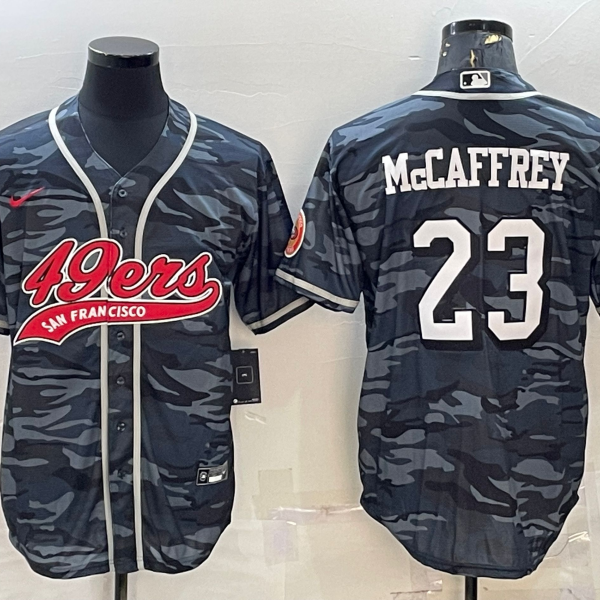 Men’s San Francisco 49ers #23 Christian McCaffrey Grey Camo With Patch Cool Base Stitched Baseball Jersey