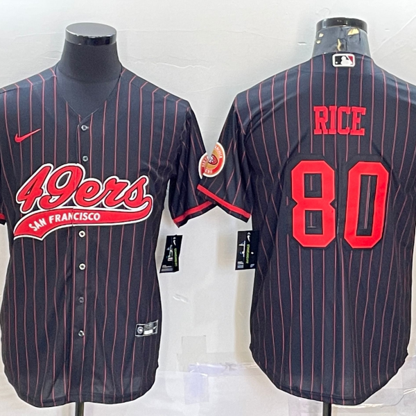Men’s San Francisco 49ers #80 Jerry Rice Black Pinstripe With Patch Cool Base Stitched Baseball Jersey