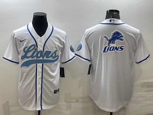 Men’s Detroit Lions White Team Big Logo With Patch Cool Base Stitched Baseball Jersey