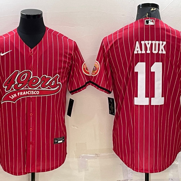 Men’s San Francisco 49ers #11 Brandon Aiyuk Red Pinstripe With Patch Cool Base Stitched Baseball Jersey