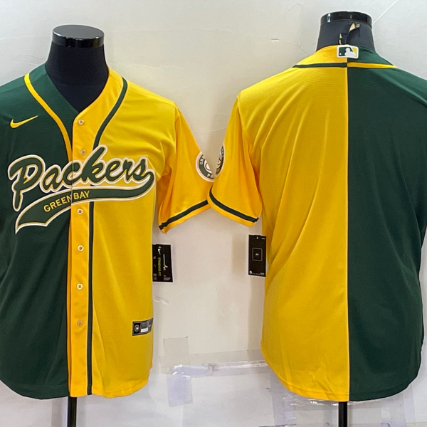 Men’s Green Bay Packers Blank Green Yellow Split With Patch Cool Base Stitched Baseball Jersey
