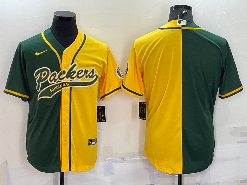 Men’s Green Bay Packers Blank Green Yellow Split With Patch Cool Base Stitched Baseball Jersey