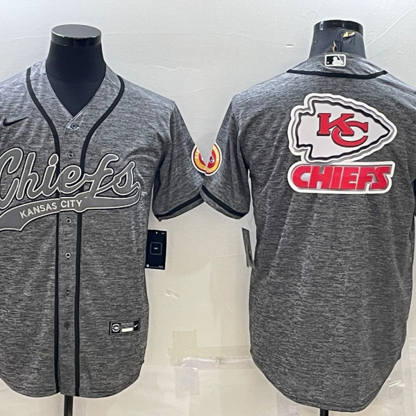 Men’s Kansas City Chiefs Grey Team Big Logo With Patch Cool Base Stitched Baseball Jersey