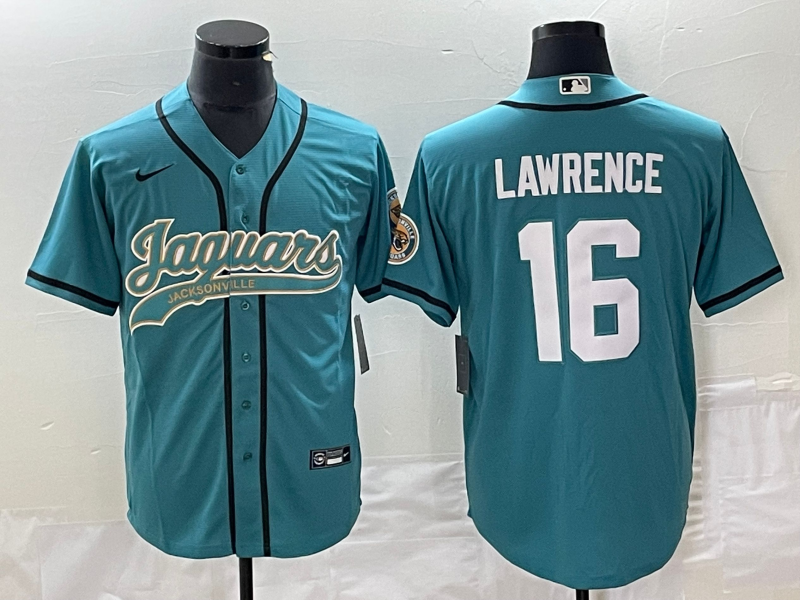 Men’s Jacksonville Jaguars #16 Trevor Lawrence Teal With Patch Cool Base Stitched Baseball Jersey