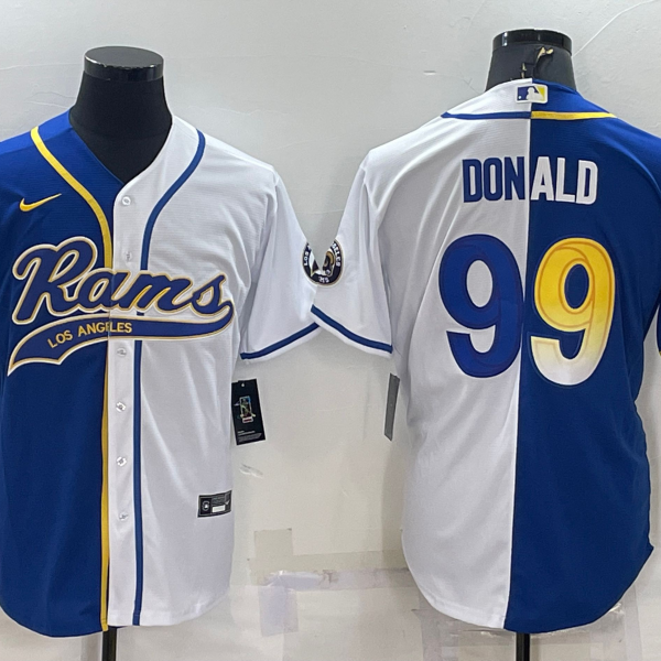 Men’s Los Angeles Rams #99 Aaron Donald Royal White Split With Patch Cool Base Stitched Baseball Jersey