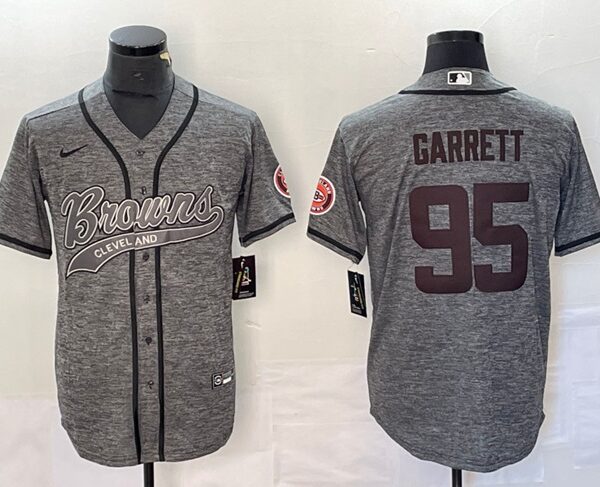 Men’s Cleveland Browns #95 Myles Garrett Gray With Patch Cool Base Stitched Baseball Jersey