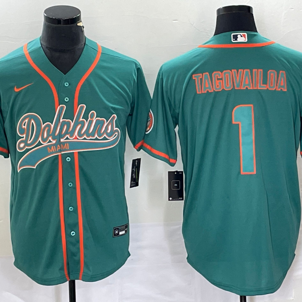 Men’s Miami Dolphins #1 Tua Tagovailoa Aqua Cool Base Stitched Baseball Jersey