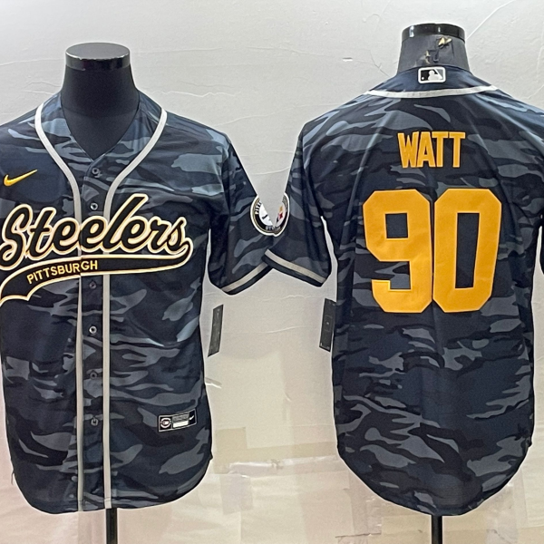 Men’s Pittsburgh Steelers #90 TJ Watt Grey Navy Camo With Patch Cool Base Stitched Baseball Jersey