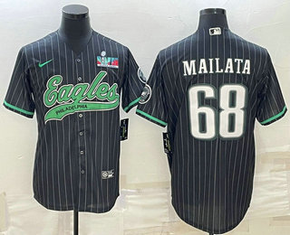 Men’s Philadelphia Eagles #68 Jordan Mailata Black Pinstripe With Super Bowl LVII Patch Cool Base Stitched Baseball Jersey