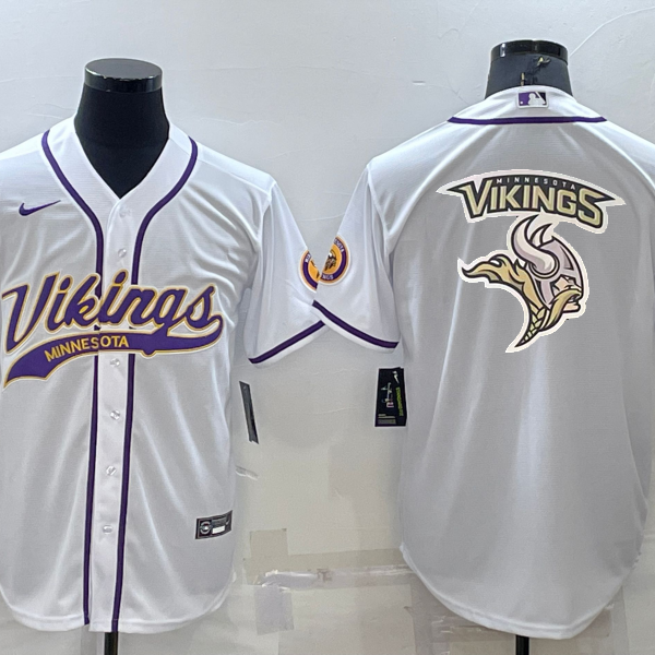 Men’s Minnesota Vikings White Team Big Logo With Patch Cool Base Stitched Baseball Jersey