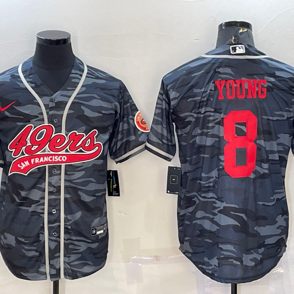 Men’s San Francisco 49ers #8 Steve Young Grey Camo With Patch Cool Base Stitched Baseball Jersey