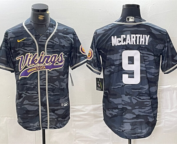 Men’s Minnesota Vikings #9 J.J. McCarthy Gray Camo Cool Base Stitched Baseball Jersey
