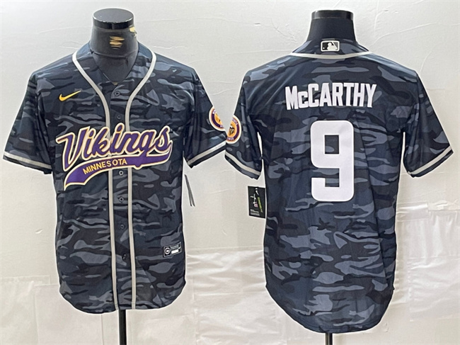 Men’s Minnesota Vikings #9 J.J. McCarthy Gray Camo Cool Base Stitched Baseball Jersey