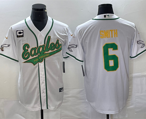 Men’s Philadelphia Eagles #6 DeVonta Smith White Gold With C Patch Cool Base Stitched Baseball Jersey