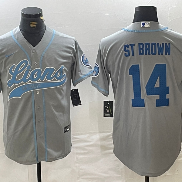Men’s Detroit Lions #14 Amon-Ra St. Brown Gray Cool Base Stitched Baseball Jerseys