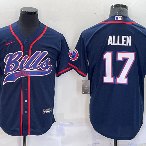 Men’s Buffalo Bills #17 Josh Allen Navy With Patch Cool Base Stitched Baseball Jersey