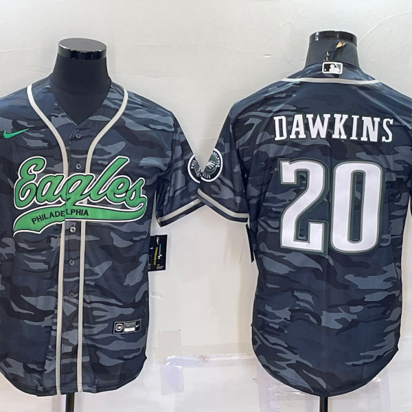 Men’s Philadelphia Eagles #20 Brian Dawkins Grey Camo With Patch Cool Base Stitched Baseball Jersey