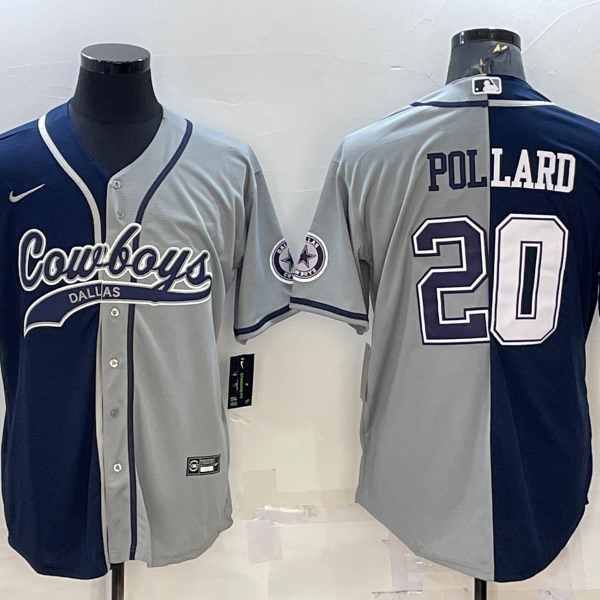 Men’s Dallas Cowboys #20 Tony Pollard Navy Grey Split With Patch Cool Base Stitched Baseball Jersey