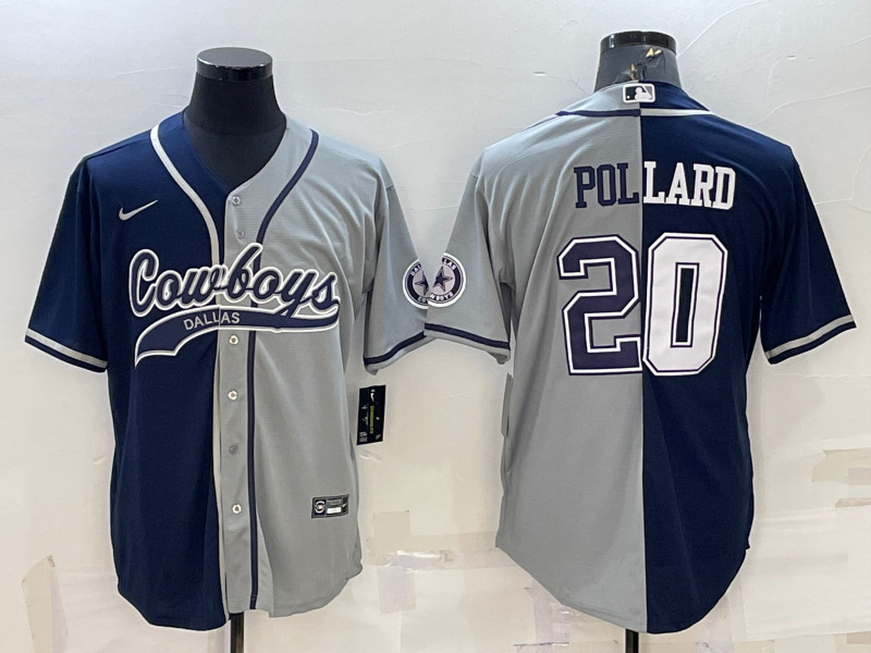 Men’s Dallas Cowboys #20 Tony Pollard Navy Grey Split With Patch Cool Base Stitched Baseball Jersey