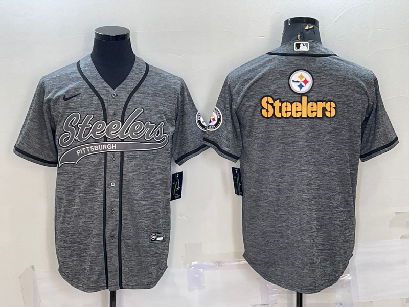 Men’s Pittsburgh Steelers Grey Gridiron Team Big Logo Cool Base Stitched Baseball Jersey