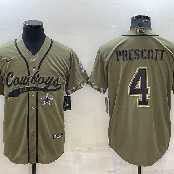 Men’s Dallas Cowboys #4 Dak Prescott 2022 Olive Salute to Service Cool Base Stitched Baseball Jersey