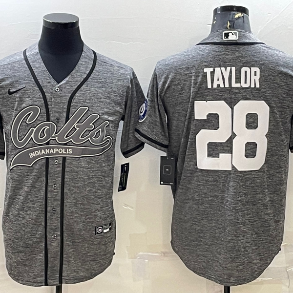 Men’s Indianapolis Colts #28 Jonathan Taylor Grey Gridiron With Patch Cool Base Stitched Baseball Jerseys