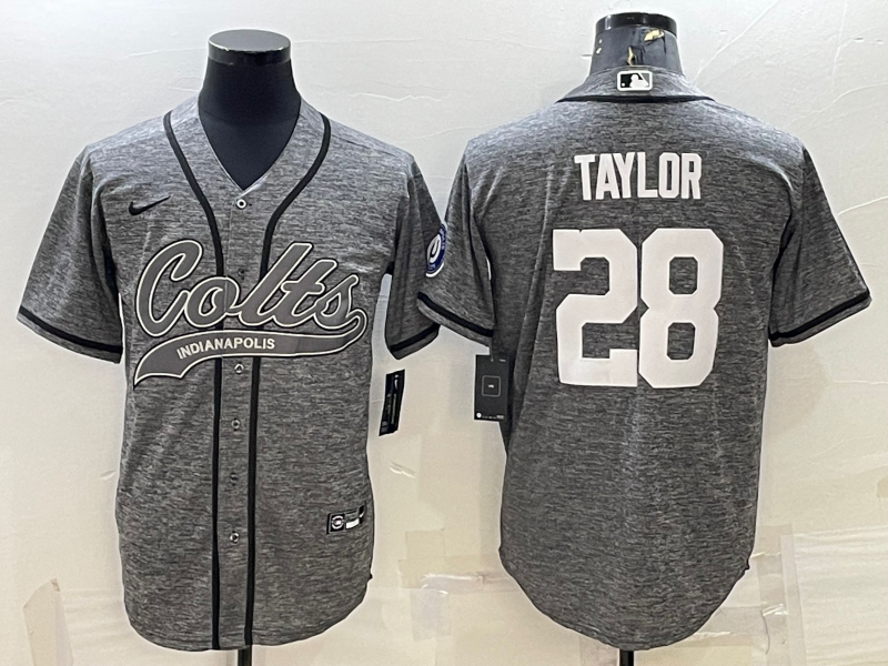 Men’s Indianapolis Colts #28 Jonathan Taylor Grey Gridiron With Patch Cool Base Stitched Baseball Jerseys