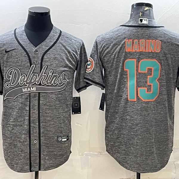 Men’s Miami Dolphins #13 Dan Marino Grey Gridiron With Patch Cool Base Stitched Baseball Jersey
