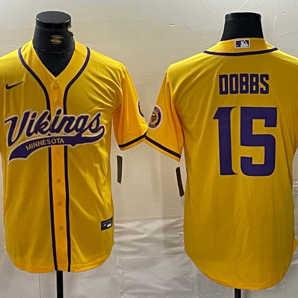 Men’s Minnesota Vikings #15 Josh Dobbs Yellow With Patch Cool Base Stitched Baseball Jersey