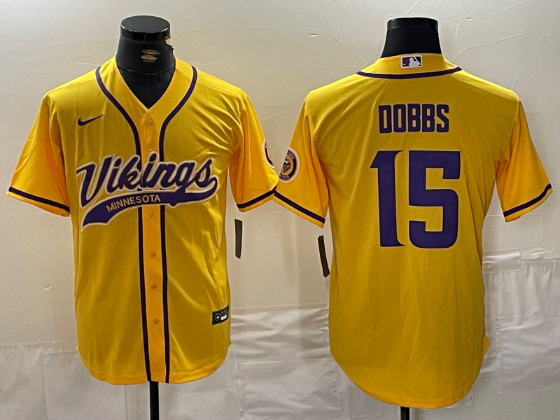 Men’s Minnesota Vikings #15 Josh Dobbs Yellow With Patch Cool Base Stitched Baseball Jersey